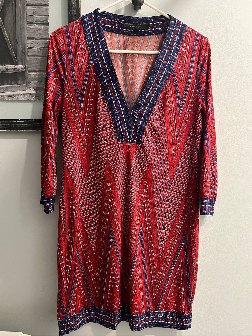 BCBGMaxAzria Multi-Print Tunic dress/top with Blue Trim